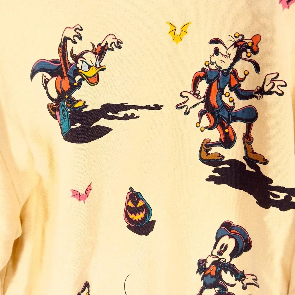 Disney Sweatshirt Mens Large Yellow Halloween Mickey Goofy Donald Pluto - Picture 6 of 10